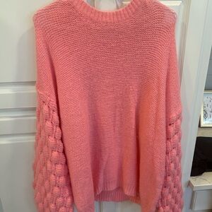Women’s M Vestique pink chunky knit sweater with bubble sleeves great valentines